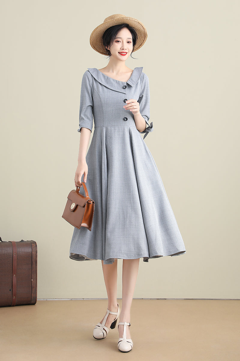Women Gray Linen Cocktail  Swing Midi Cotton Linen Dress 3274#CK2101640