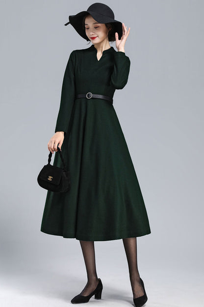Emerald Green Wool Midi Dress - Fit and Flare with V-Neck 3175