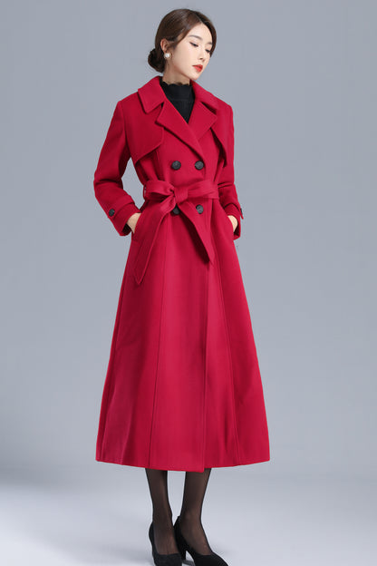 Red Wool Long Coat - Double Breasted Belted Silhouette 3206