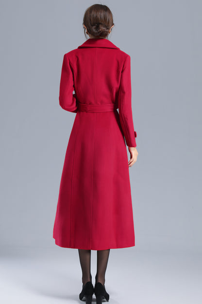 Red Wool Long Coat - Double Breasted Belted Silhouette 3206