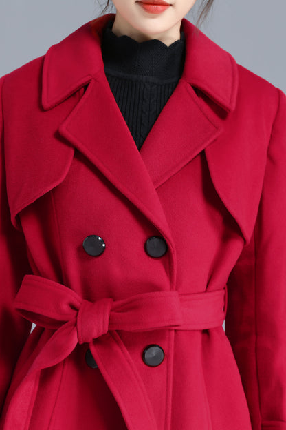 Red Wool Long Coat - Double Breasted Belted Silhouette 3206