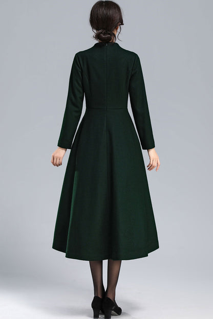 Emerald Green Wool Midi Dress - Fit and Flare with V-Neck 3175