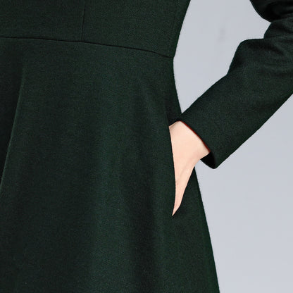 Emerald Green Wool Midi Dress - Fit and Flare with V-Neck 3175