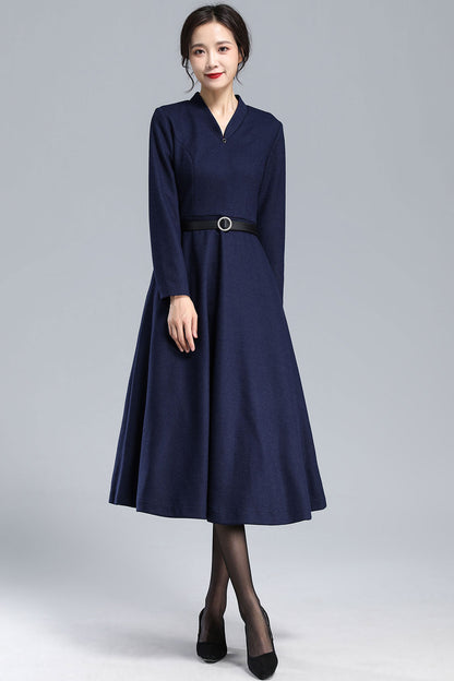 Navy Blue Wool Dress – Vintage Fit & Flare Winter Midi with Pockets 3176