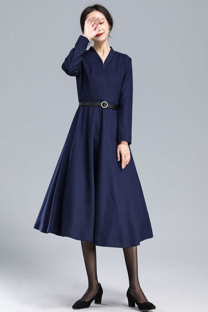 Navy Blue Wool Dress – Vintage Fit & Flare Winter Midi with Pockets 3176