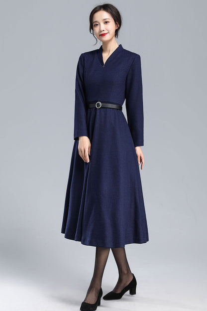 Navy Blue Wool Dress – Vintage Fit & Flare Winter Midi with Pockets 3176