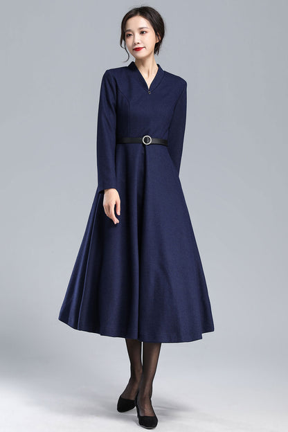 Navy Blue Wool Dress – Vintage Fit & Flare Winter Midi with Pockets 3176