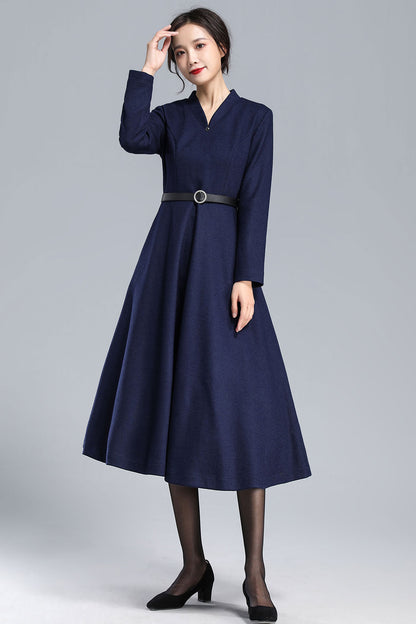 Navy Blue Wool Dress – Vintage Fit & Flare Winter Midi with Pockets 3176