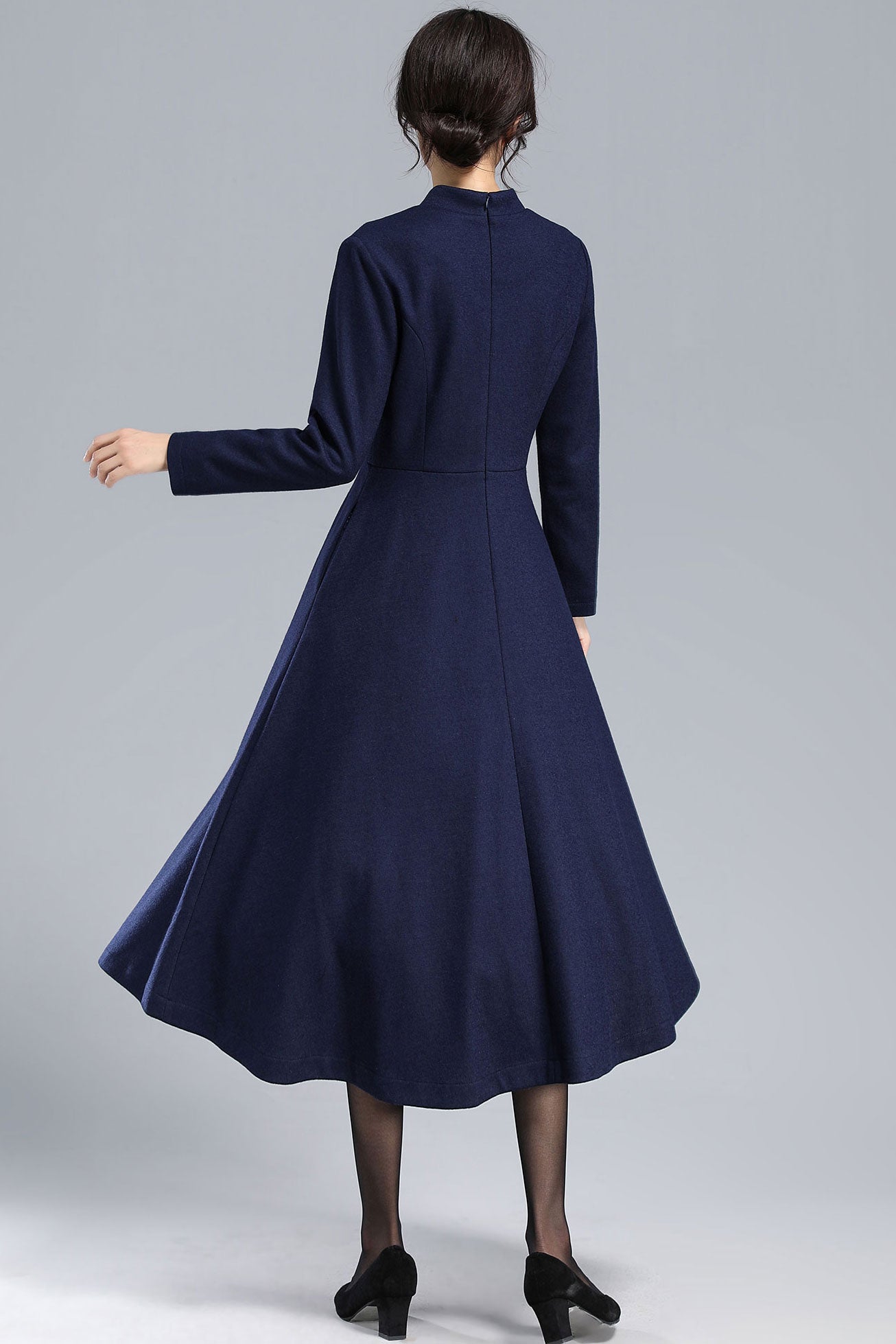 Navy Wool Dress Handmade Winter Midi with Pockets | Xiaolizi Navy Wool Dress Handmade Winter Midi with Pockets | Xiaolizi