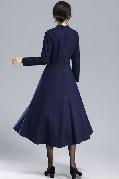 Navy Blue Wool Dress – Vintage Fit & Flare Winter Midi with Pockets 3176