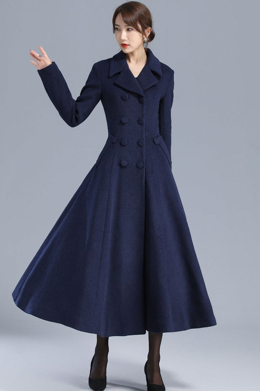 Women's Dark Blue Long Wool Coat 3208#