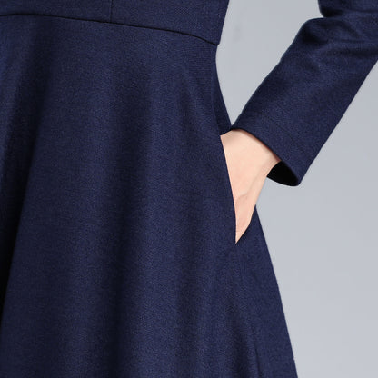 Navy Blue Wool Dress – Vintage Fit & Flare Winter Midi with Pockets 3176