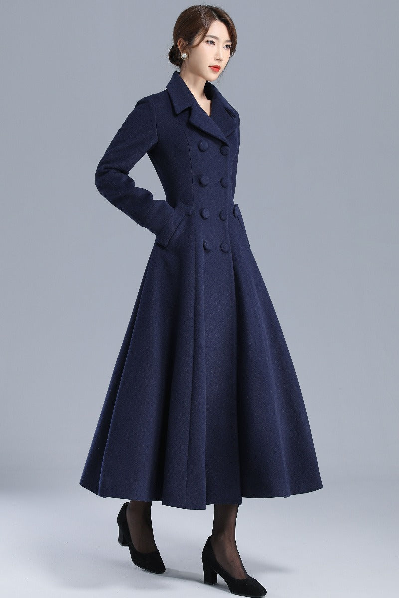 Women's Dark Blue Long Wool Coat 3208