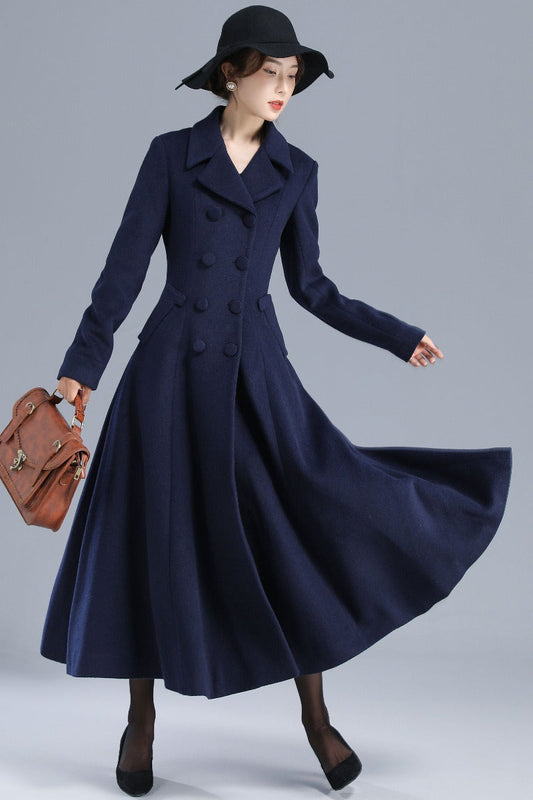Women's Dark Blue Long Wool Coat 3208#