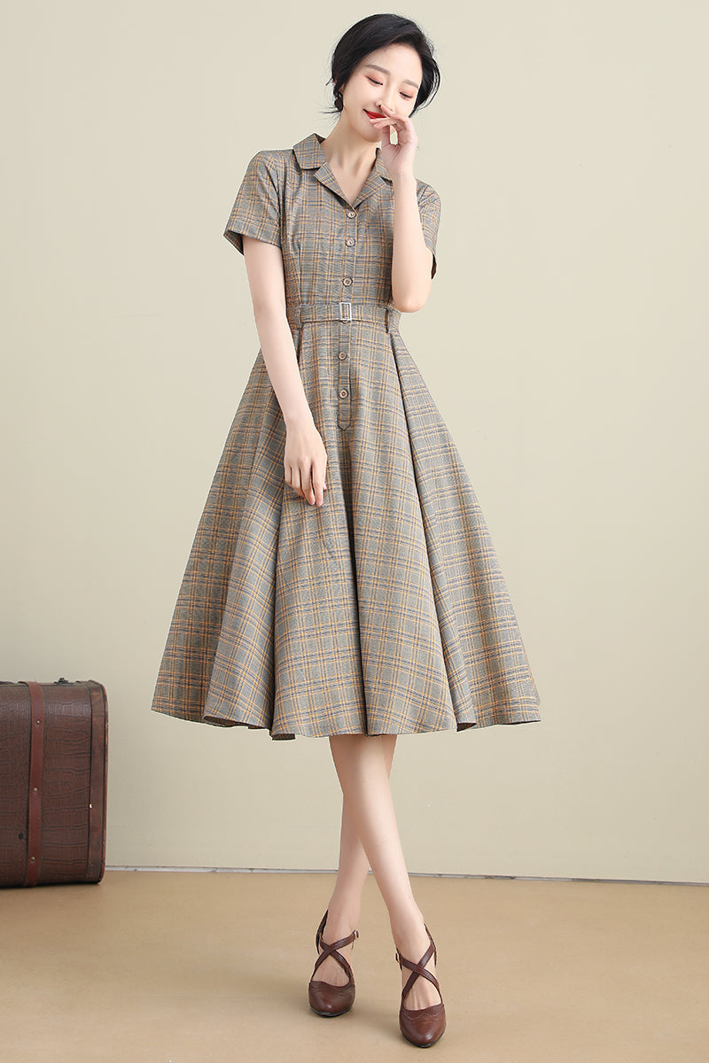 Plaid Linen Swing Shirtwaist Short Sleeve Dress 3276#