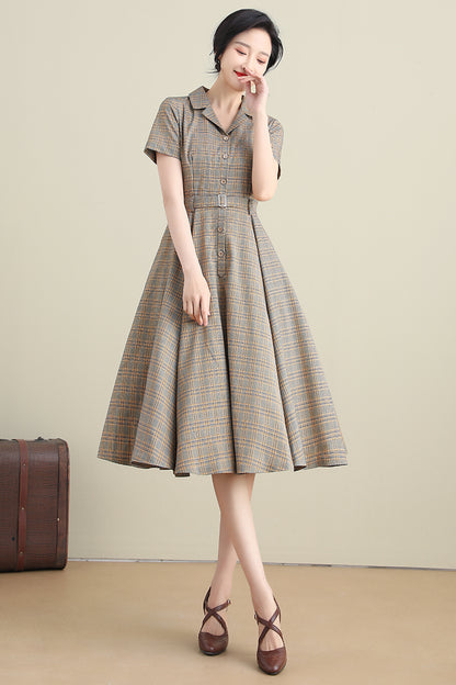 Plaid Linen Cotton Midi Dress - Swing Silhouette with Short Sleeves 3276