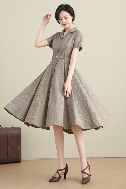 Plaid Linen Cotton Midi Dress - Swing Silhouette with Short Sleeves 3276