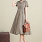 Plaid Linen Swing Shirtwaist Short Sleeve Dress 3276#