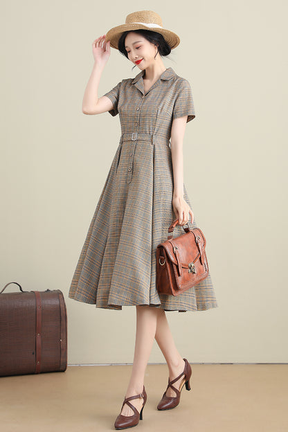 Plaid Linen Cotton Midi Dress - Swing Silhouette with Short Sleeves 3276