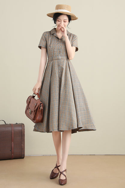 Plaid Linen Cotton Midi Dress - Swing Silhouette with Short Sleeves 3276