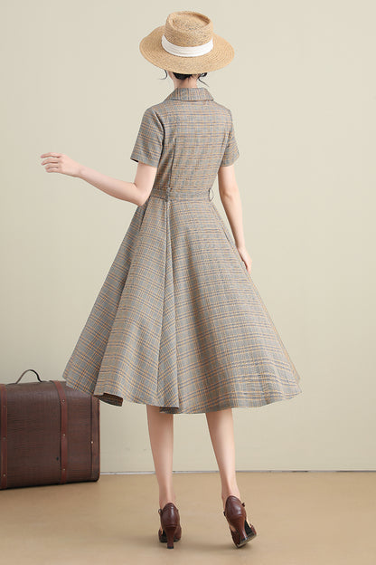 Plaid Linen Cotton Midi Dress - Swing Silhouette with Short Sleeves 3276