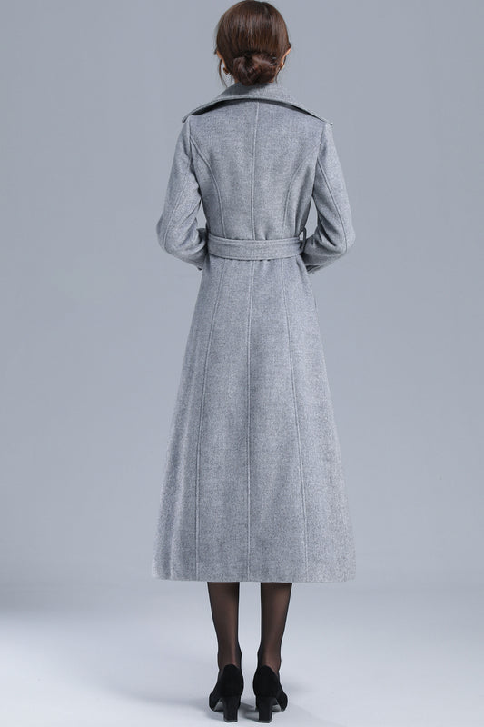 Gray Wool Belted Coat - Double Breasted, Mid-Calf Length 3209