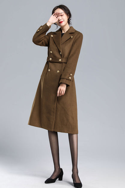 Brown Wool Coat – Vintage Double-Breasted Winter Overcoat with Belt 3178