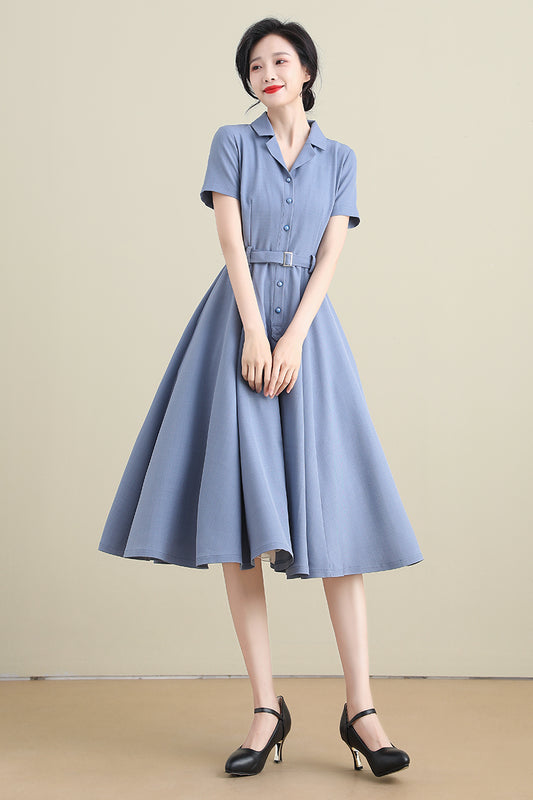 Vintage Inspired Linen Women Short Sleeve Shirtwaist Dress 3277#