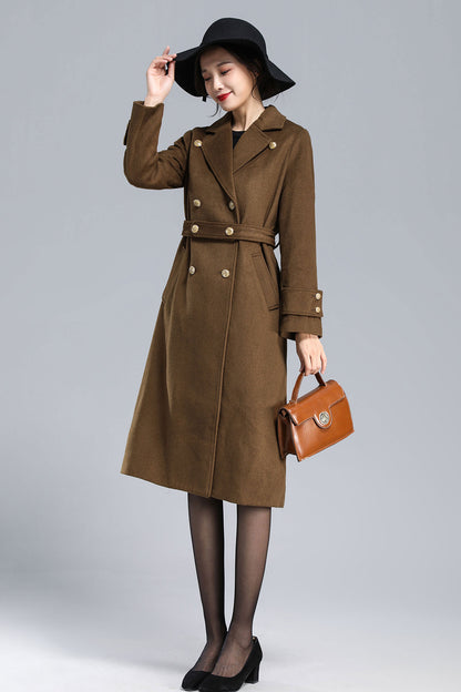 Brown Wool Coat – Vintage Double-Breasted Winter Overcoat with Belt 3178