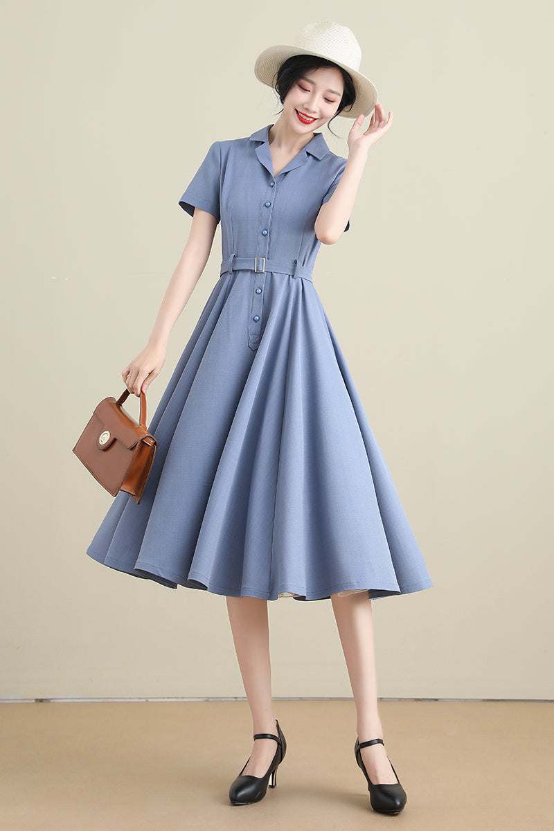 Vintage Inspired Linen Women Short Sleeve Shirtwaist Dress 3277#