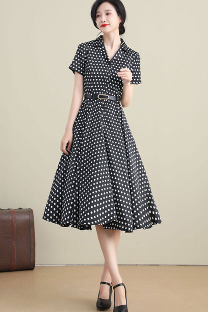 Black & White Polka Dot Midi Dress - Shirt Waist, Swing Silhouette 3278