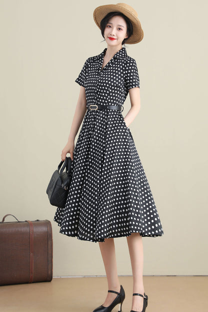 Black & White Polka Dot Midi Dress - Shirt Waist, Swing Silhouette 3278