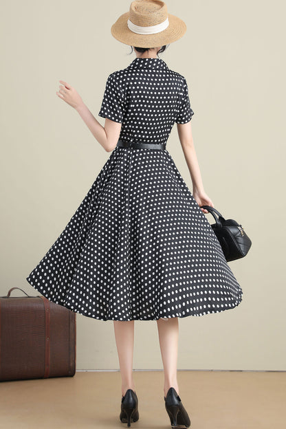 Black & White Polka Dot Midi Dress - Shirt Waist, Swing Silhouette 3278