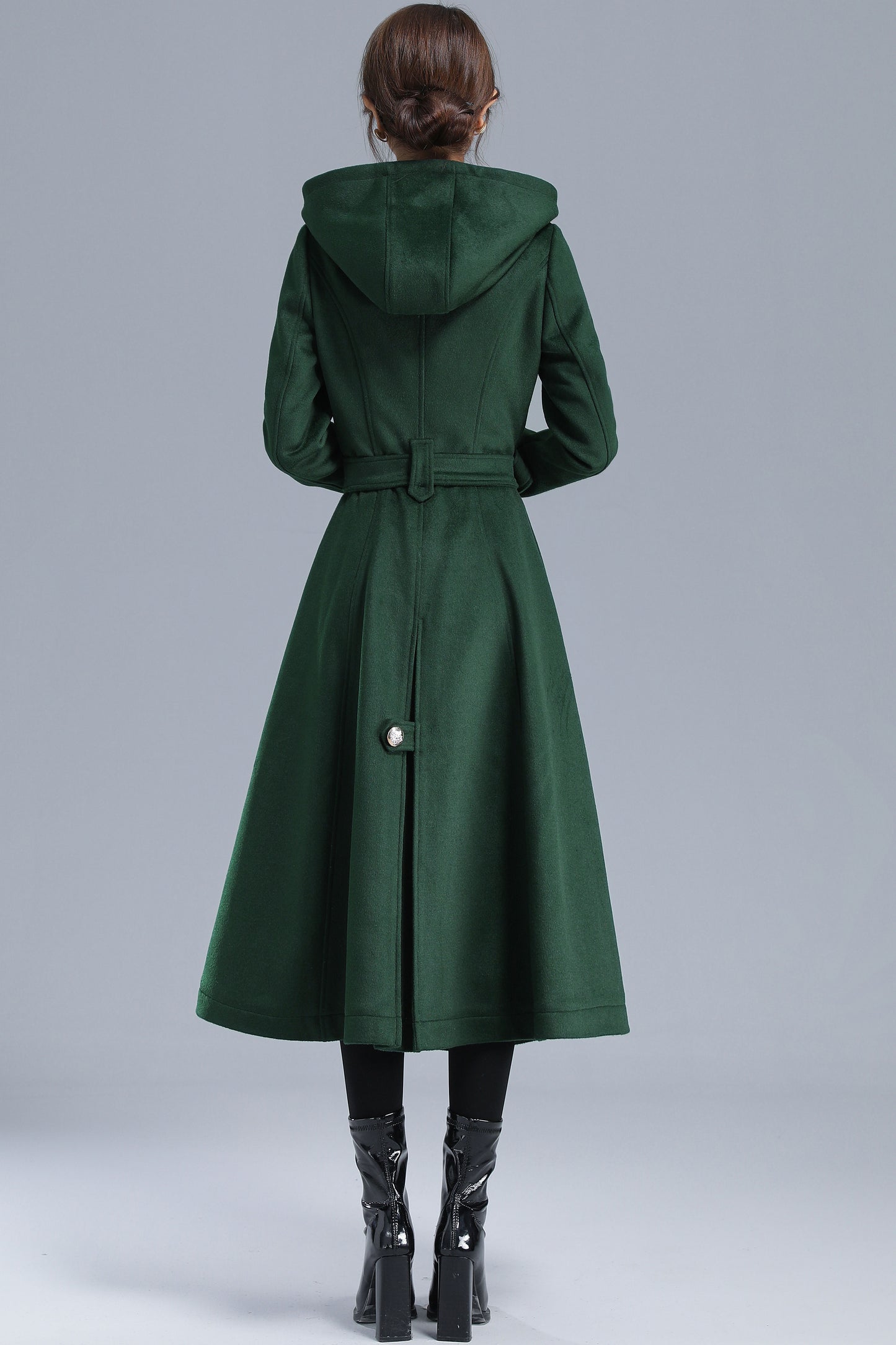 Green Long Wool Trench Coat with Hood 3212
