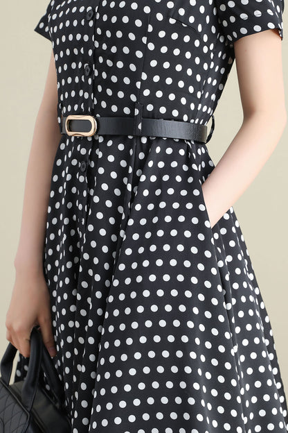 Black & White Polka Dot Midi Dress - Shirt Waist, Swing Silhouette 3278