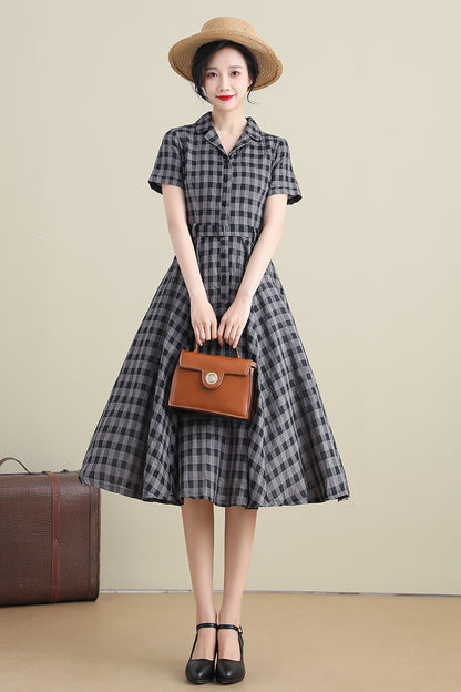 Black & Grey Linen Dress - Plaid Swing Shirtwaist 3279