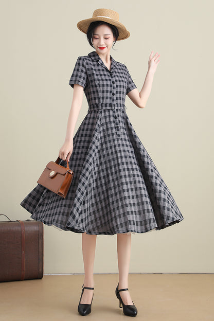 Black & Grey Linen Dress - Plaid Swing Shirtwaist 3279