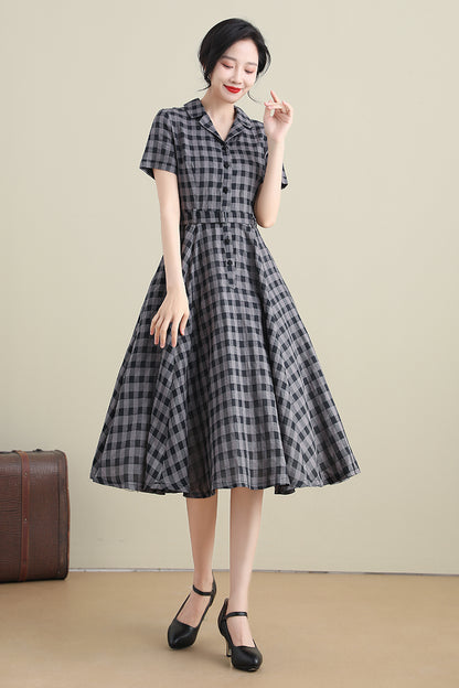 Black & Grey Linen Dress - Plaid Swing Shirtwaist 3279