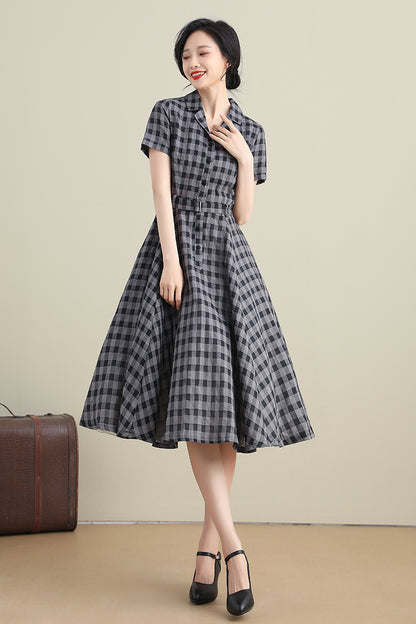 Black & Grey Linen Dress - Plaid Swing Shirtwaist 3279