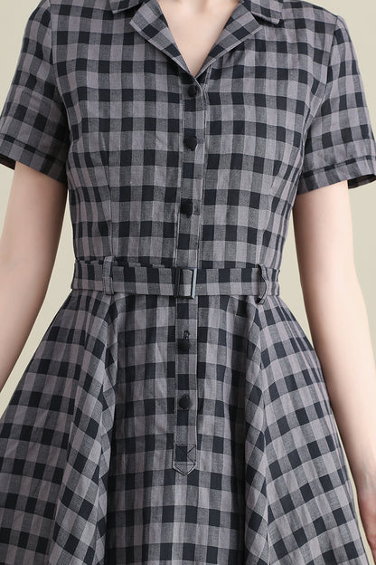 Black & Grey Linen Dress - Plaid Swing Shirtwaist 3279