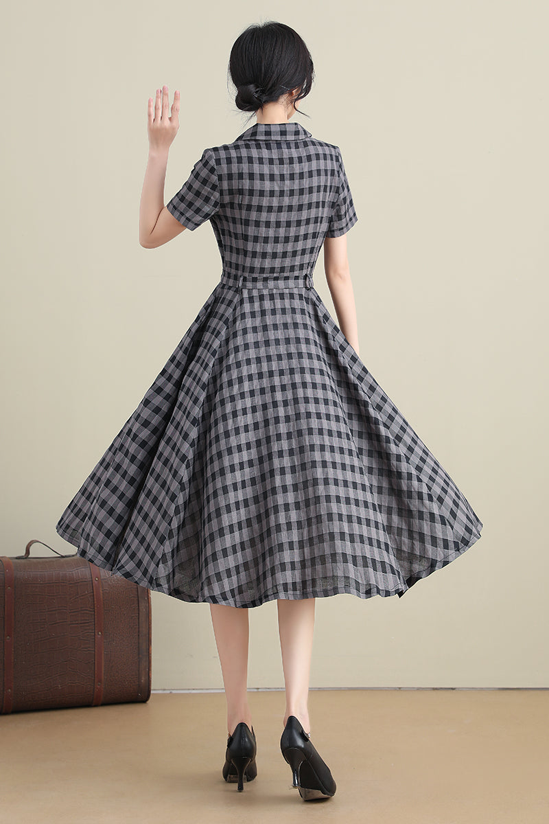 Black and Grey Linen Plaid Swing Shirtwaist Dress 3279#