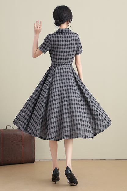Black & Grey Linen Dress - Plaid Swing Shirtwaist 3279