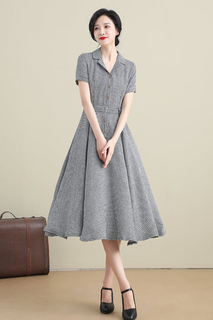 Black & White Cotton Linen Dress - Vintage 50s Fit-and-Flare Silhouette 3280