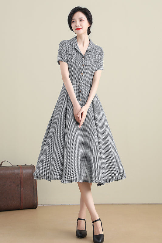 Vintage 50s Cotton Linen Short Sleeve Houndstooth Dress 3280#