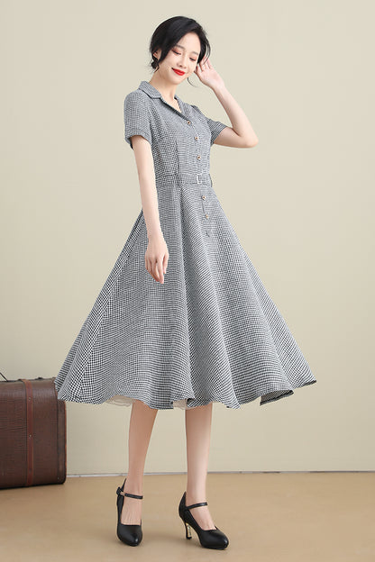 Black & White Cotton Linen Dress - Vintage 50s Fit-and-Flare Silhouette 3280