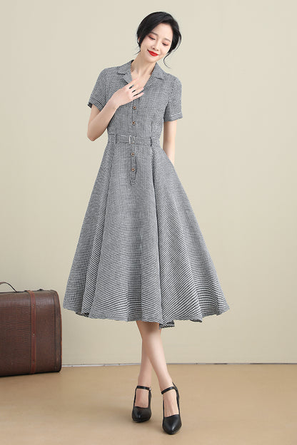 Black & White Cotton Linen Dress - Vintage 50s Fit-and-Flare Silhouette 3280