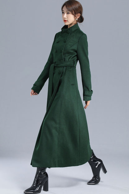 Green Wool Long Coat - Double Breasted with Belt 3214