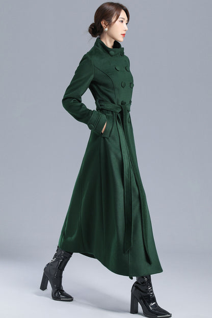 Green Wool Long Coat - Double Breasted with Belt 3214