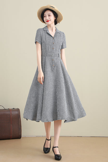 Black & White Cotton Linen Dress - Vintage 50s Fit-and-Flare Silhouette 3280