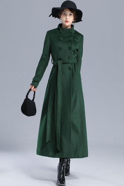 Green Wool Long Coat - Double Breasted with Belt 3214
